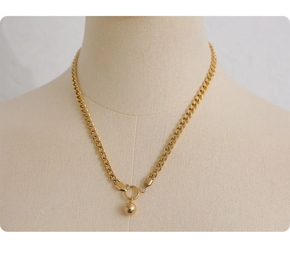 Chunky Gold Curb Chain Necklace and Bracelet Set with Gold Beads