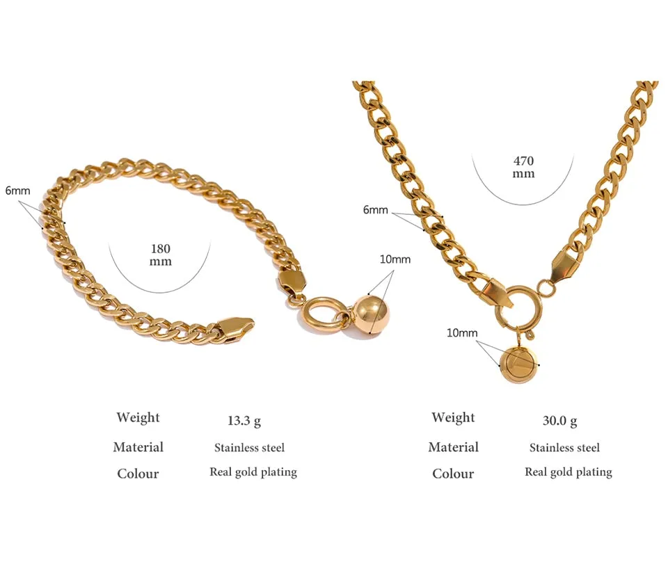 Chunky Gold Curb Chain Necklace and Bracelet Set with Gold Beads