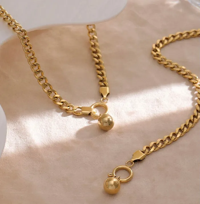 Chunky Gold Curb Chain Necklace and Bracelet Set with Gold Beads