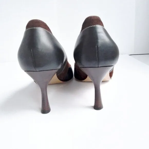 Cole Haan  Y2K Black Leather Brown Suede Square Toe Chisled Heels Pumps Sz 9.5M