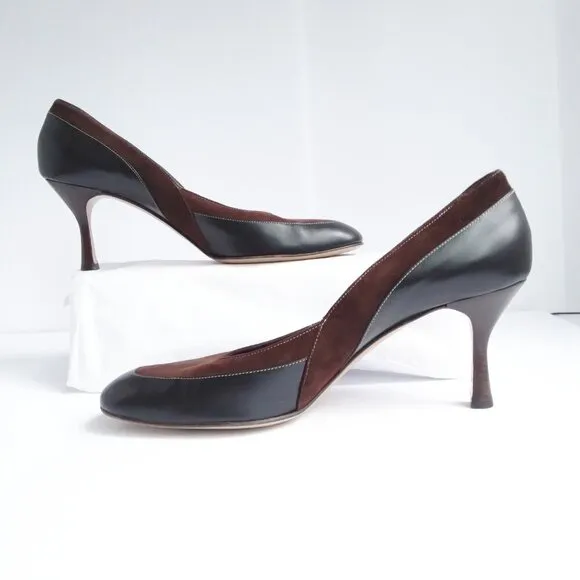 Cole Haan  Y2K Black Leather Brown Suede Square Toe Chisled Heels Pumps Sz 9.5M