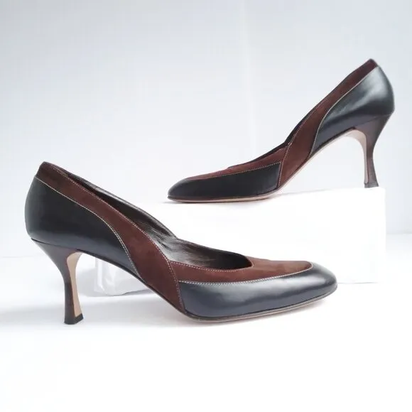 Cole Haan  Y2K Black Leather Brown Suede Square Toe Chisled Heels Pumps Sz 9.5M