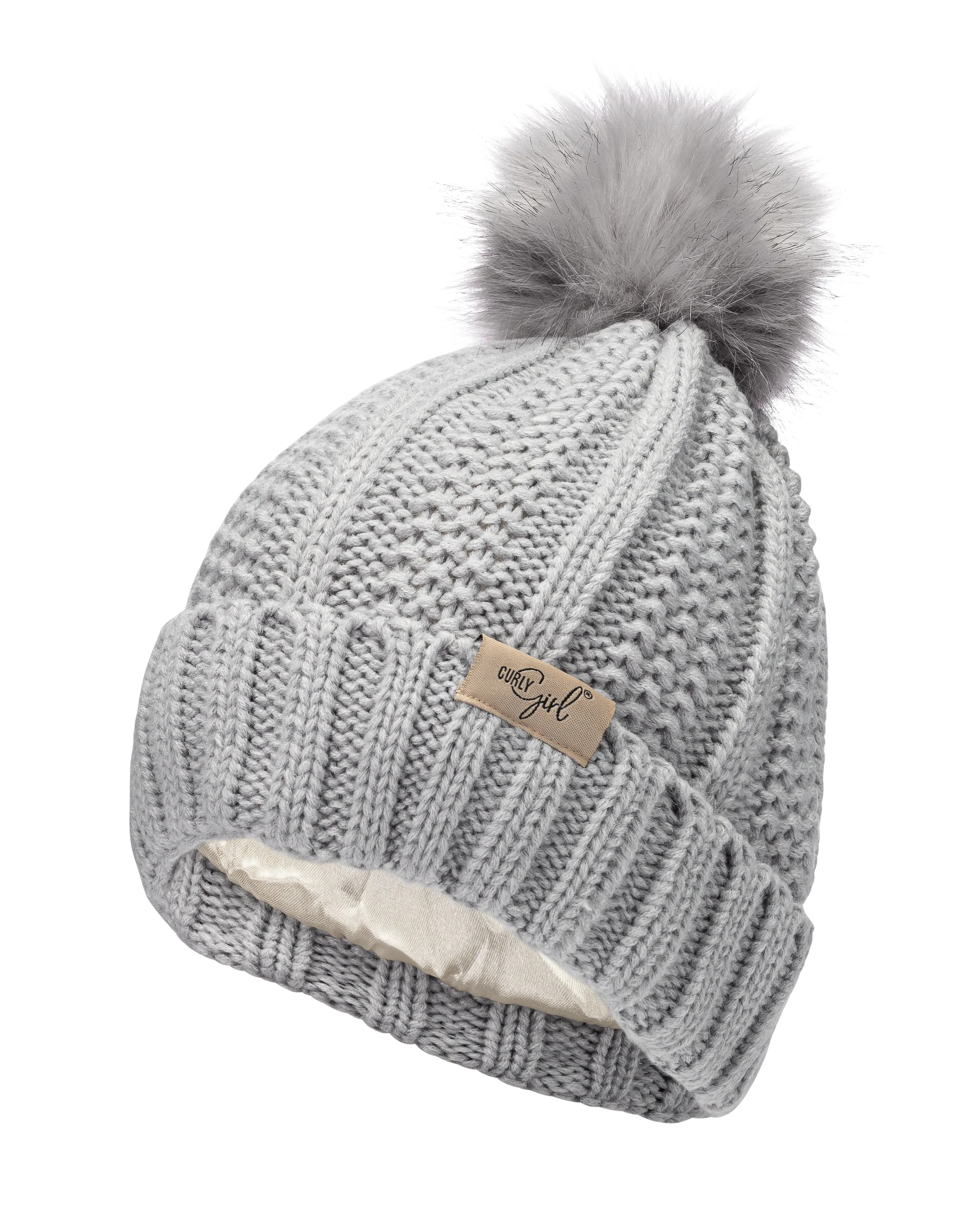 Curly Girl® Satin Lined Cable Knit Womens Winter Knitted Beanie Hat, Warm Knit Cap Beanie, Curly Girl Method