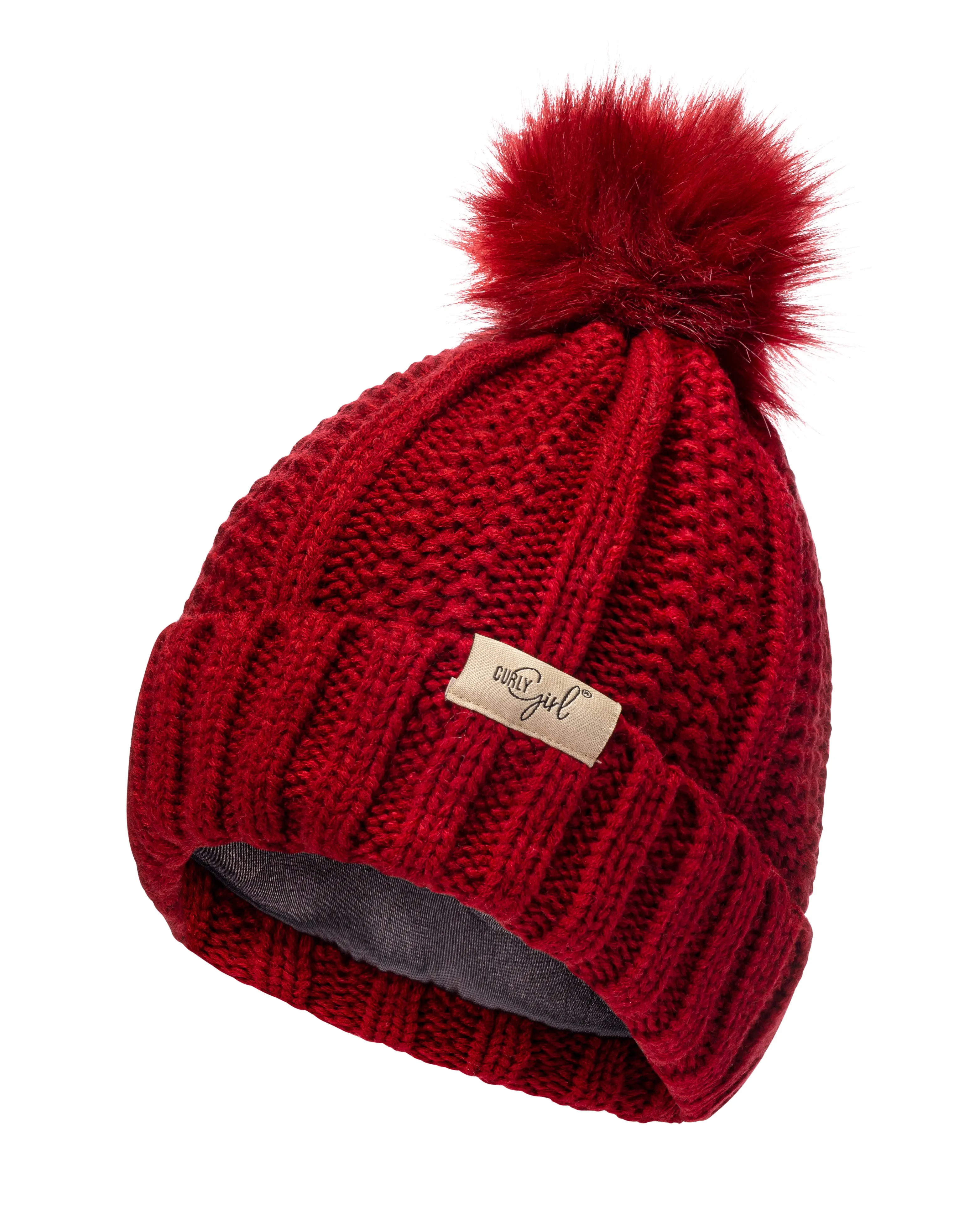 Curly Girl® Satin Lined Cable Knit Womens Winter Knitted Beanie Hat, Warm Knit Cap Beanie, Curly Girl Method