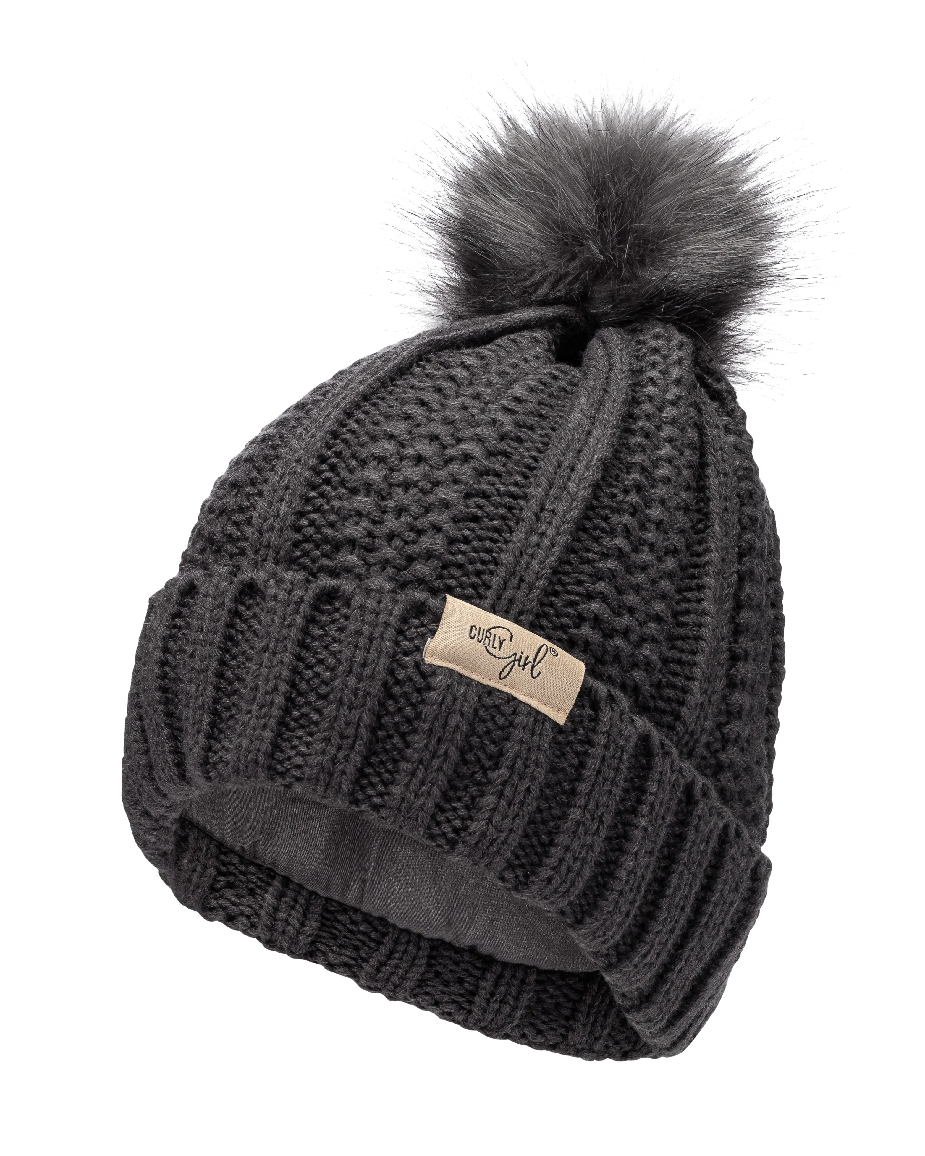 Curly Girl® Satin Lined Cable Knit Womens Winter Knitted Beanie Hat, Warm Knit Cap Beanie, Curly Girl Method