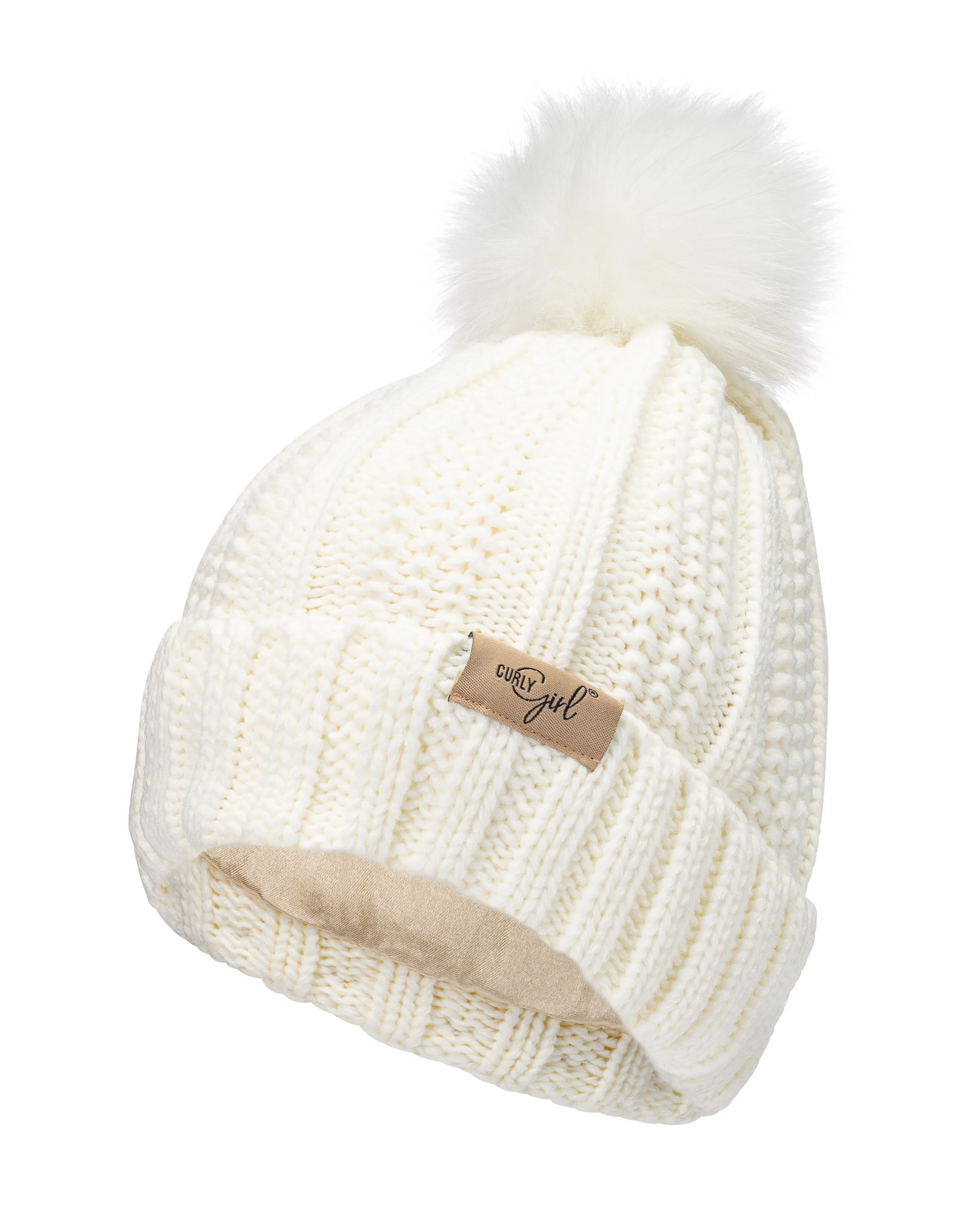 Curly Girl® Satin Lined Cable Knit Womens Winter Knitted Beanie Hat, Warm Knit Cap Beanie, Curly Girl Method