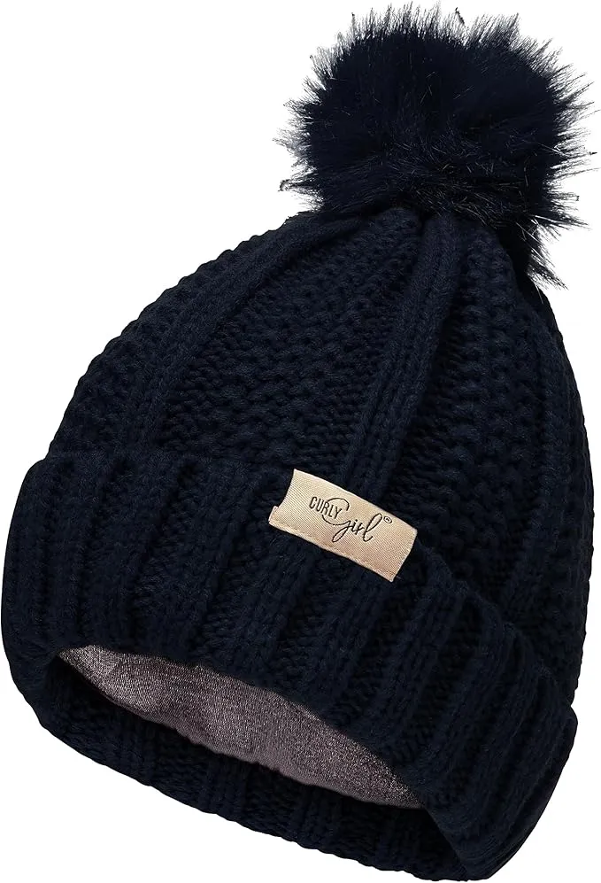 Curly Girl® Satin Lined Cable Knit Womens Winter Knitted Beanie Hat, Warm Knit Cap Beanie, Curly Girl Method