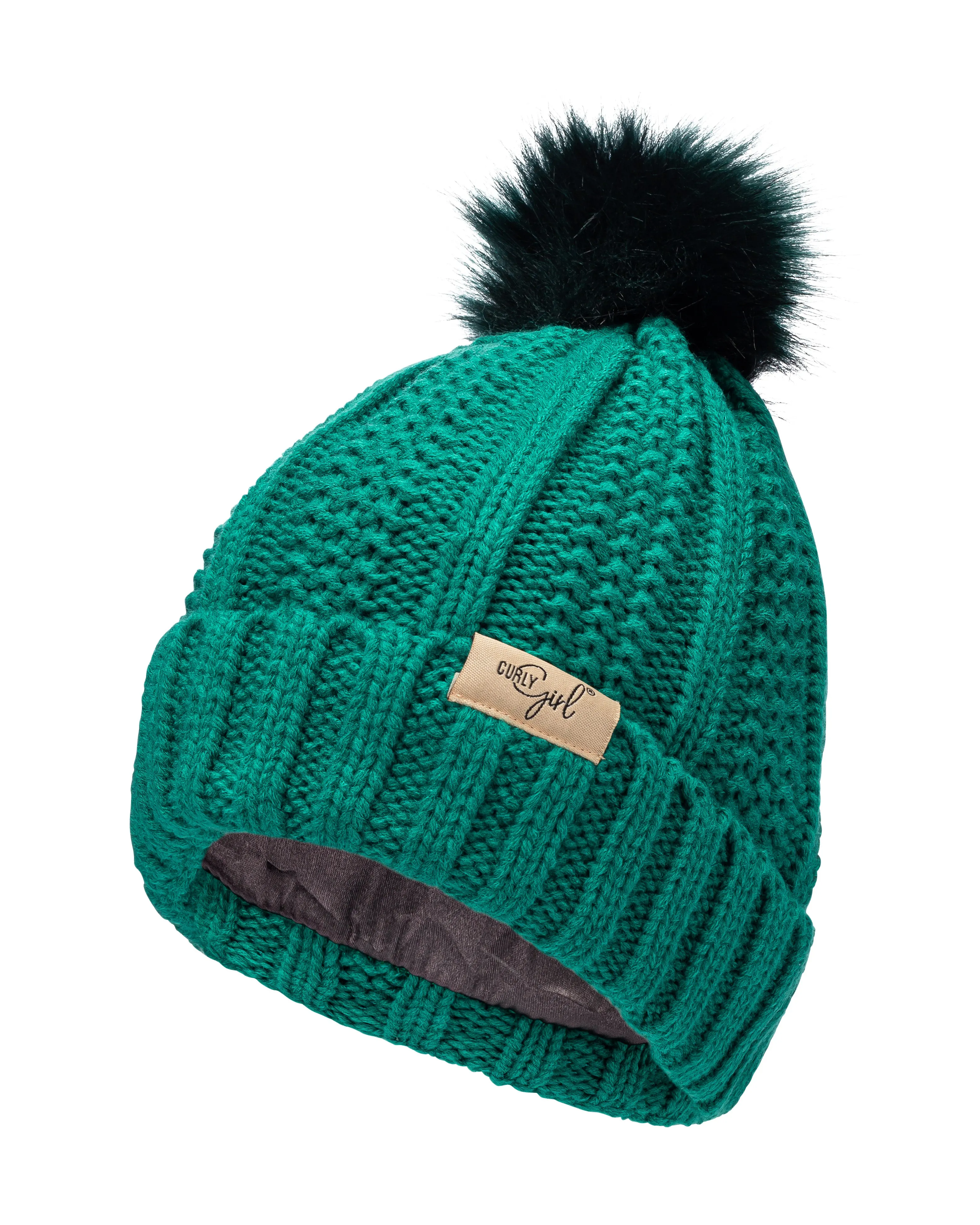 Curly Girl® Satin Lined Cable Knit Womens Winter Knitted Beanie Hat, Warm Knit Cap Beanie, Curly Girl Method