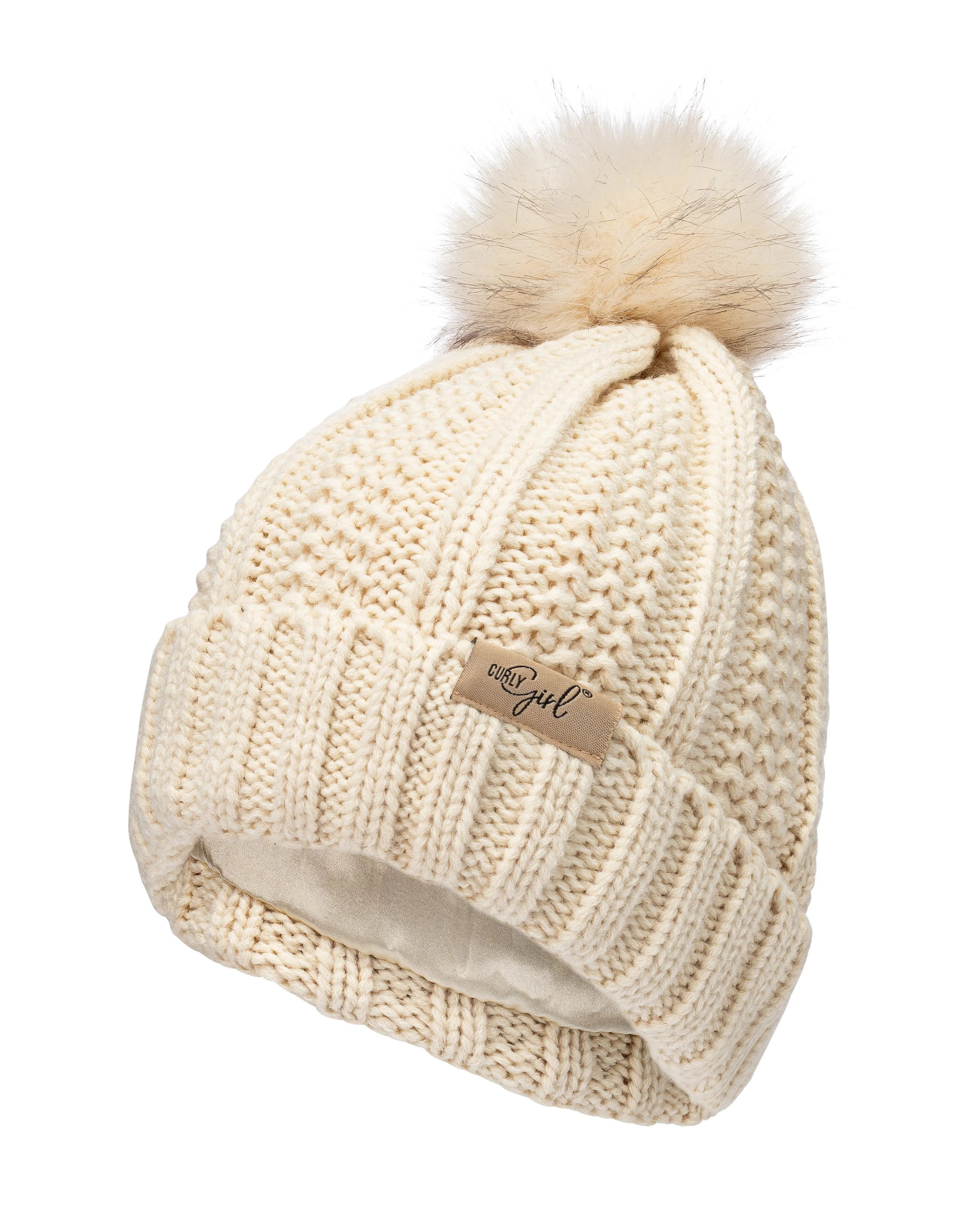 Curly Girl® Satin Lined Cable Knit Womens Winter Knitted Beanie Hat, Warm Knit Cap Beanie, Curly Girl Method