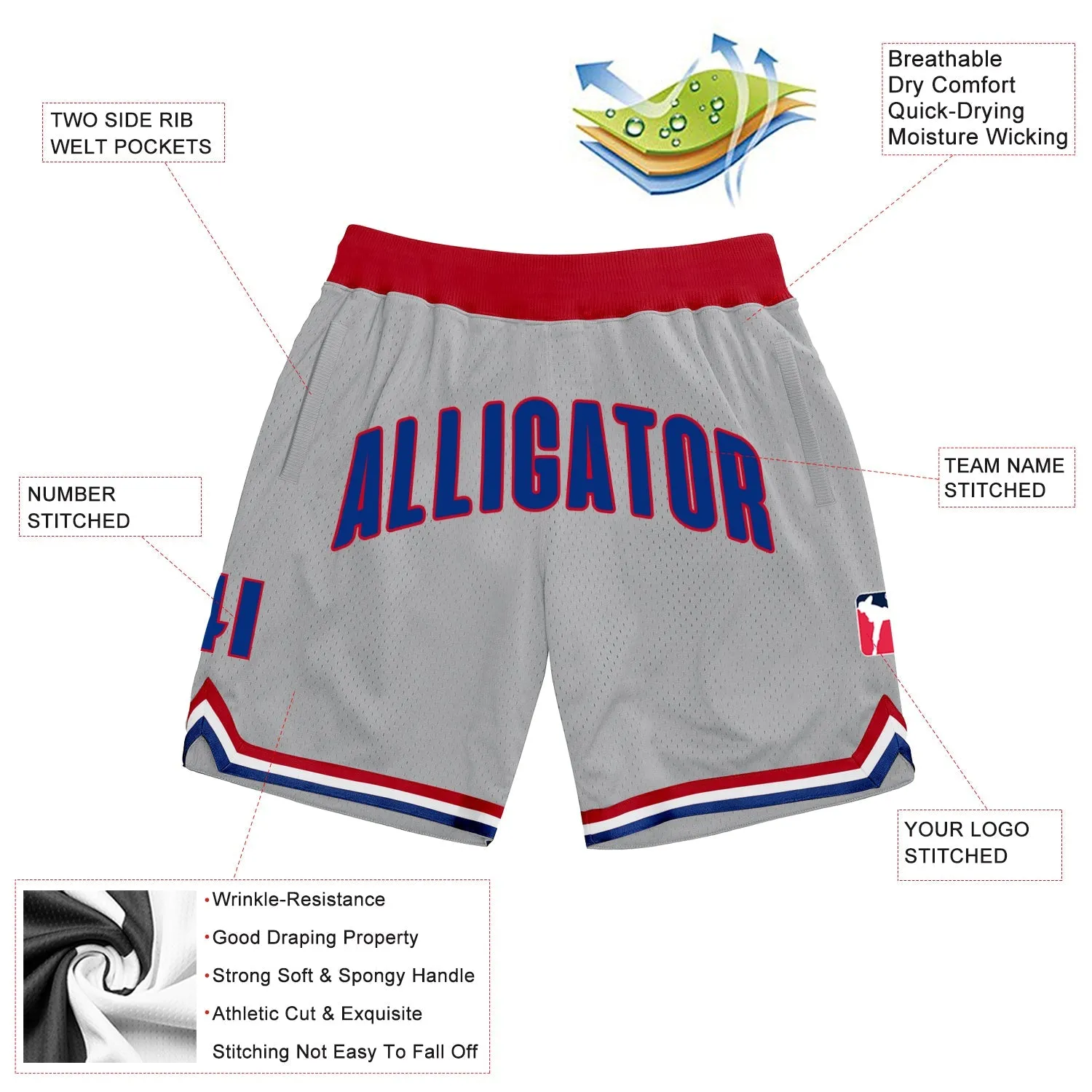 Custom Gray Royal-Red Authentic Throwback Basketball Shorts