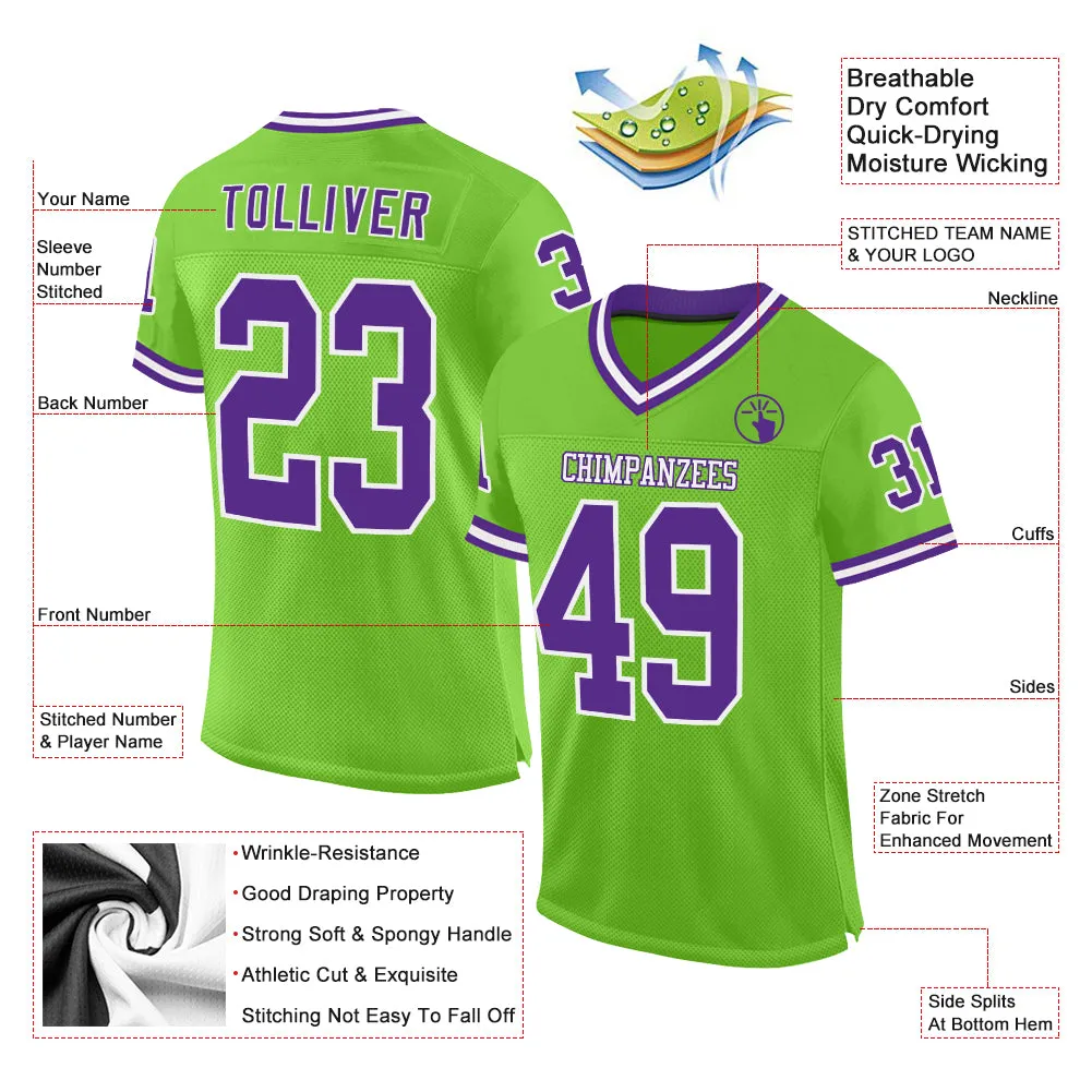 Custom Neon Green Purple-White Mesh Authentic Throwback Football Jersey