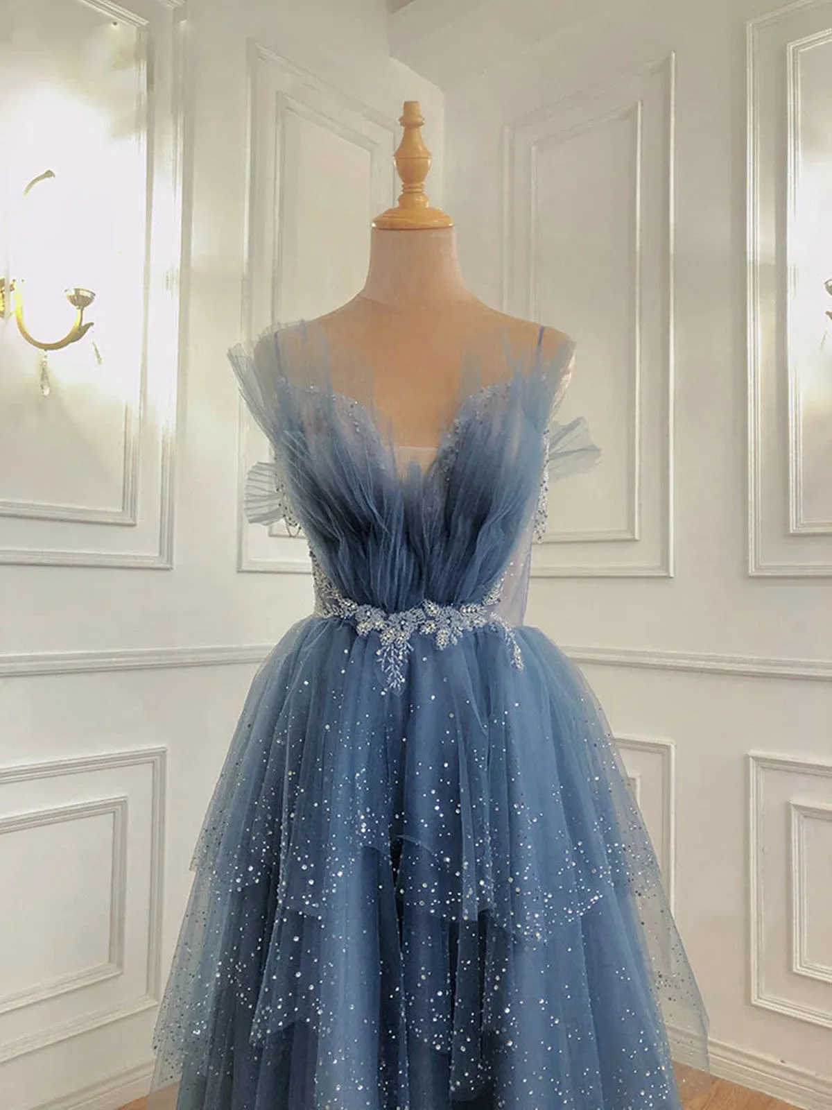 Dark Blue Beaded Straps Low Back Tulle Prom Dress, Blue A-line Evening Dress