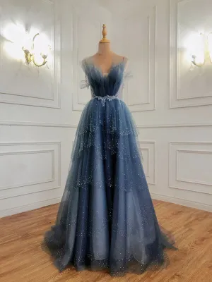 Dark Blue Beaded Straps Low Back Tulle Prom Dress, Blue A-line Evening Dress