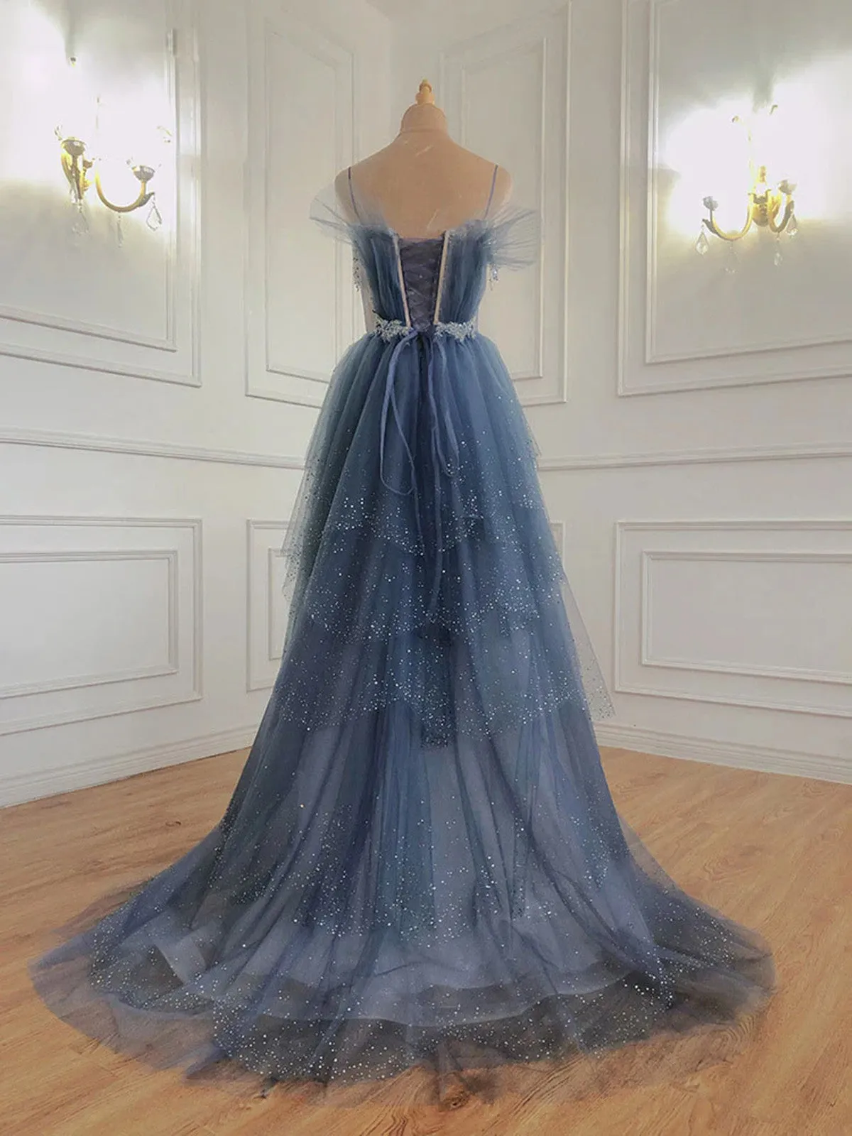 Dark Blue Beaded Straps Low Back Tulle Prom Dress, Blue A-line Evening Dress