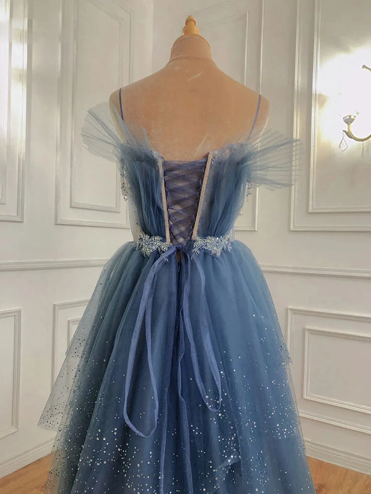 Dark Blue Beaded Straps Low Back Tulle Prom Dress, Blue A-line Evening Dress