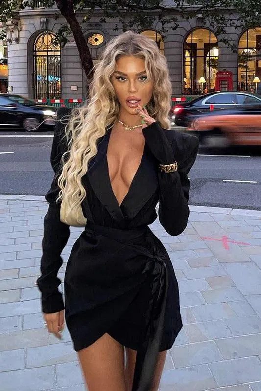 Deep V suit collar long sleeve tie dress
