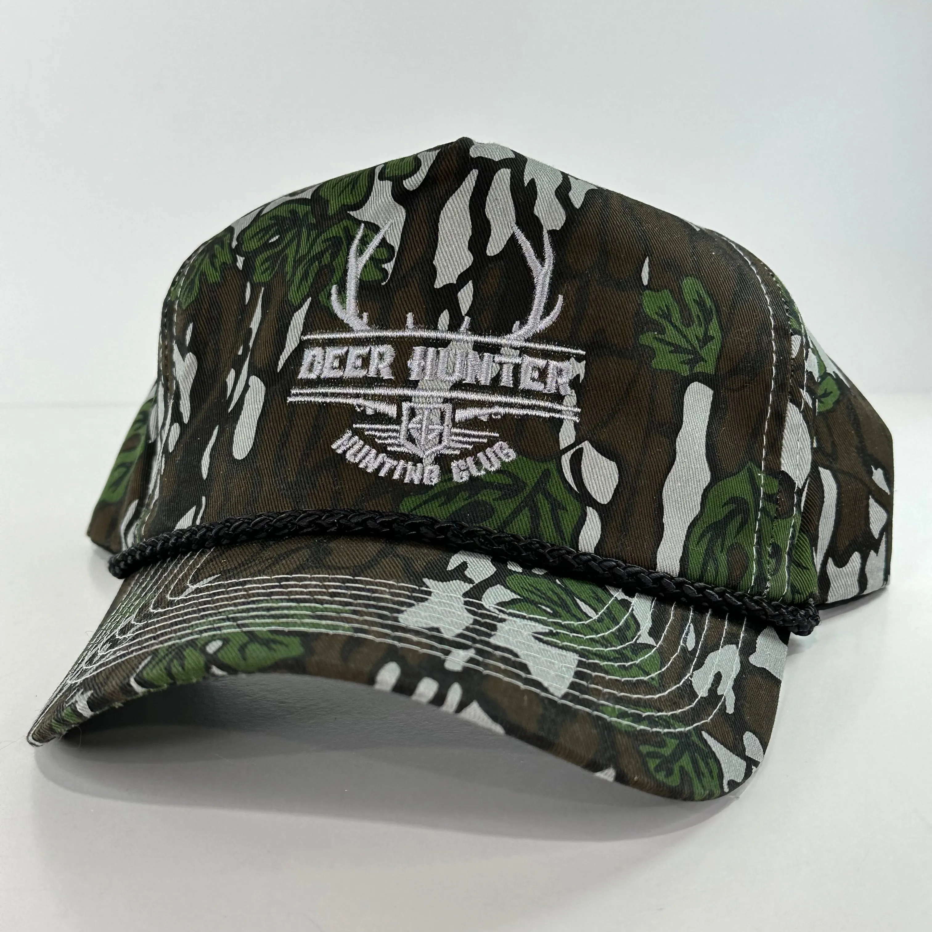 DEER HUNTER HUNTING CLUB HAT On a Vintage 90s CAMO Rope SnapBack Cap ￼Custom Embroidery