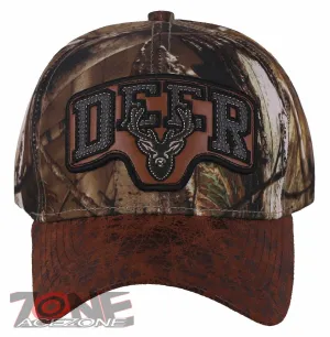DEER HUNTING FAUX VISOR LEATHER BASEBALL CAP HAT CAMO