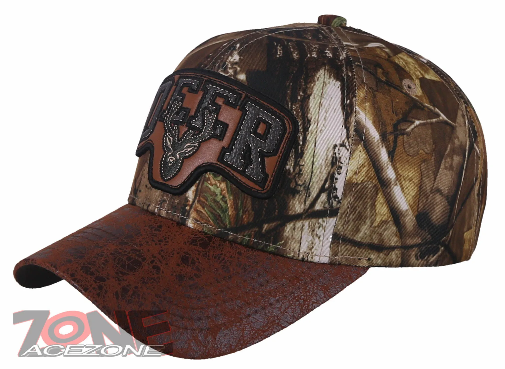 DEER HUNTING FAUX VISOR LEATHER BASEBALL CAP HAT CAMO