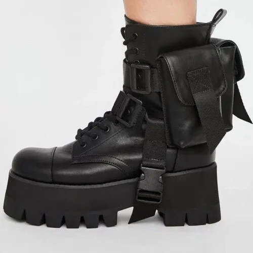 Design 2020 New Arrival Pocket Motorcycle Women's Boots Handsome Lace Up Thick-soled Black Military Shoes Half Boots