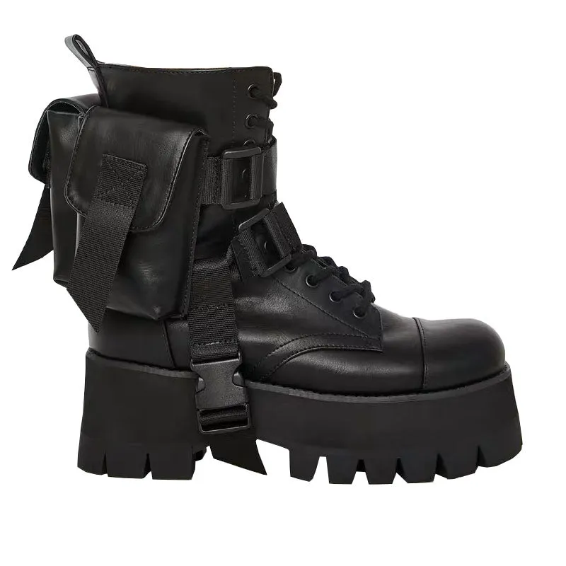 Design 2020 New Arrival Pocket Motorcycle Women's Boots Handsome Lace Up Thick-soled Black Military Shoes Half Boots