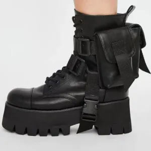 Design 2020 New Arrival Pocket Motorcycle Women's Boots Handsome Lace Up Thick-soled Black Military Shoes Half Boots