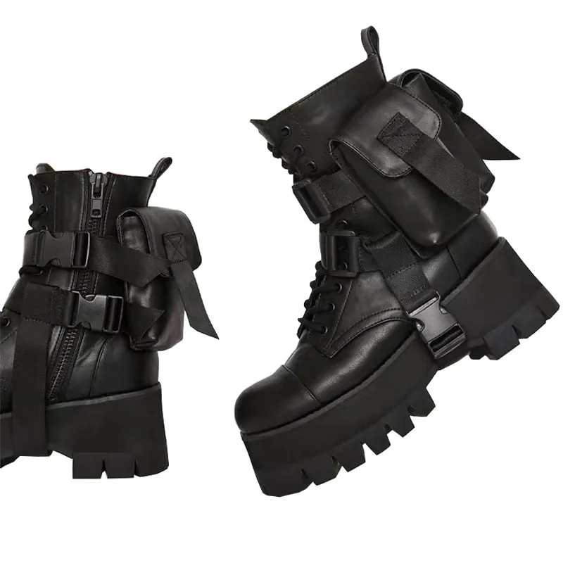 Design 2020 New Arrival Pocket Motorcycle Women's Boots Handsome Lace Up Thick-soled Black Military Shoes Half Boots