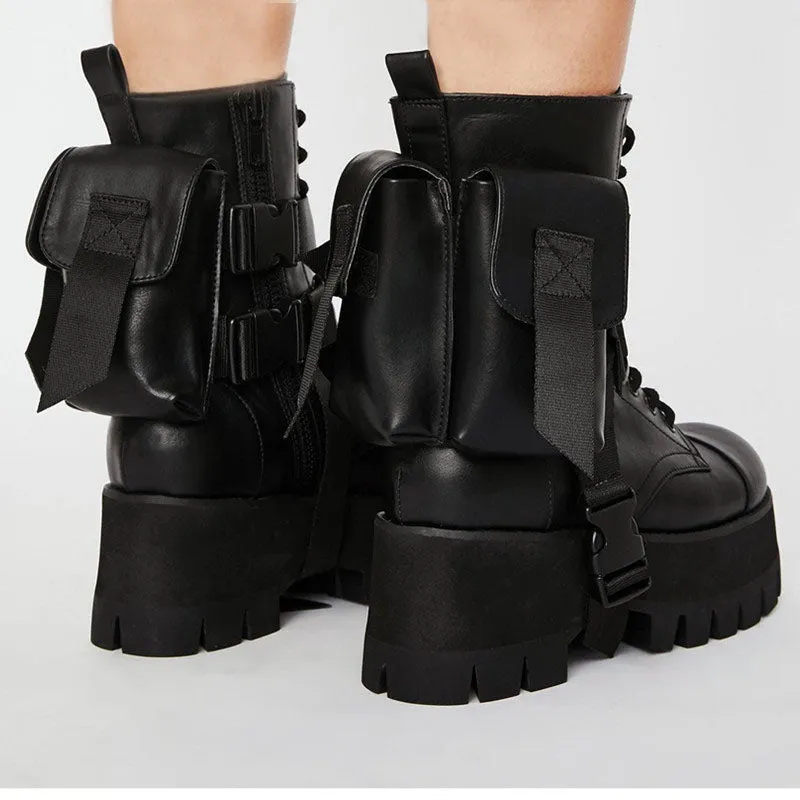 Design 2020 New Arrival Pocket Motorcycle Women's Boots Handsome Lace Up Thick-soled Black Military Shoes Half Boots