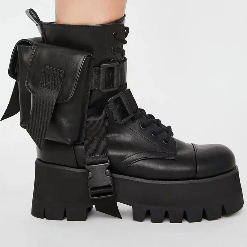 Design 2020 New Arrival Pocket Motorcycle Women's Boots Handsome Lace Up Thick-soled Black Military Shoes Half Boots