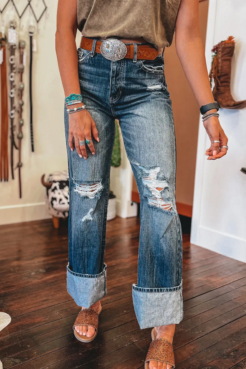 Emery, Dusk Blue Mineral Washed High Rise Ripped Jeans
