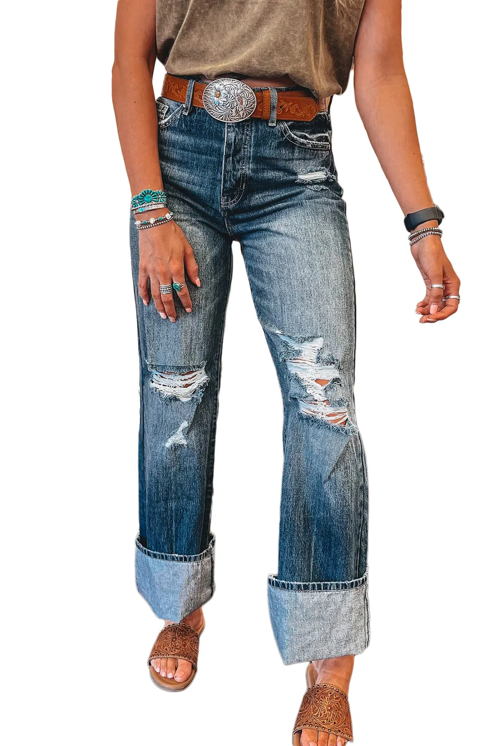 Emery, Dusk Blue Mineral Washed High Rise Ripped Jeans