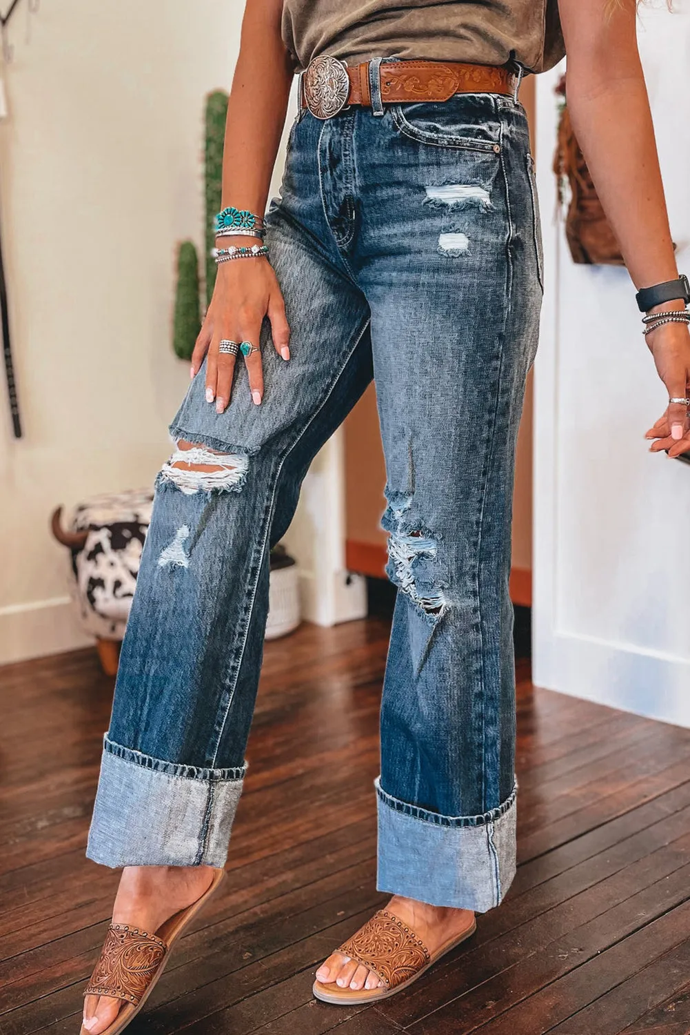 Emery, Dusk Blue Mineral Washed High Rise Ripped Jeans