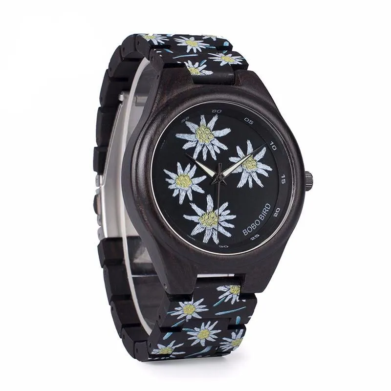 Fashion Colorful Flower Print Wood Watch For Women in Wood Gift Case- Daisy,Red Flower