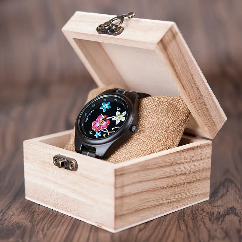 Fashion Colorful Flower Print Wood Watch For Women in Wood Gift Case- Daisy,Red Flower