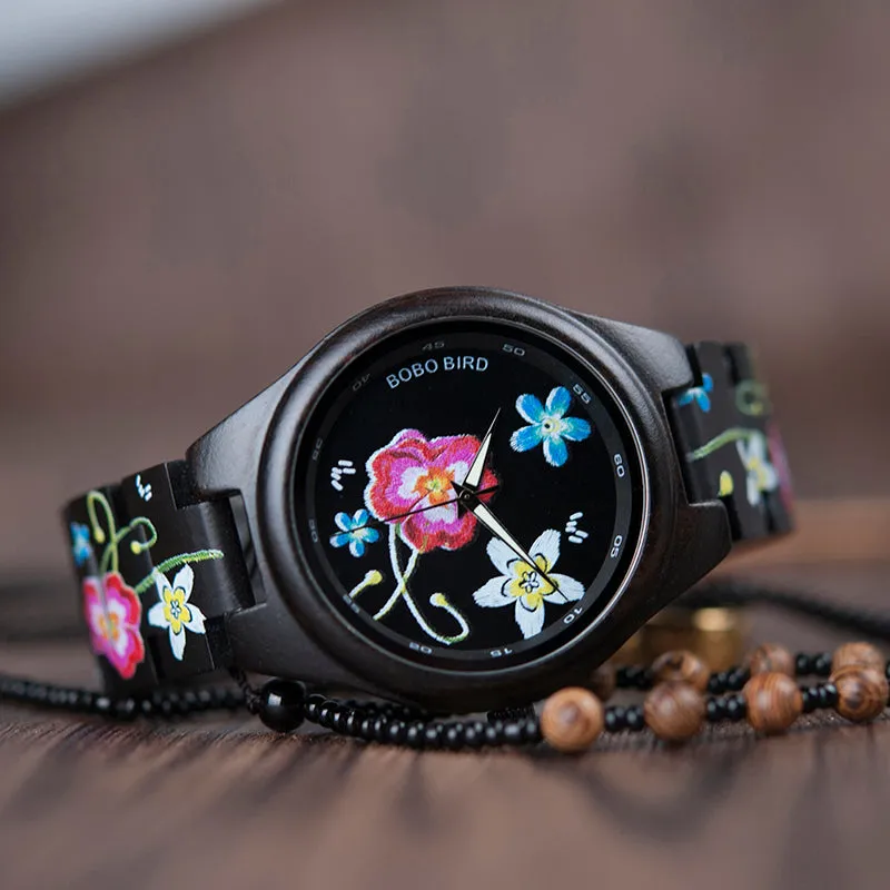 Fashion Colorful Flower Print Wood Watch For Women in Wood Gift Case- Daisy,Red Flower