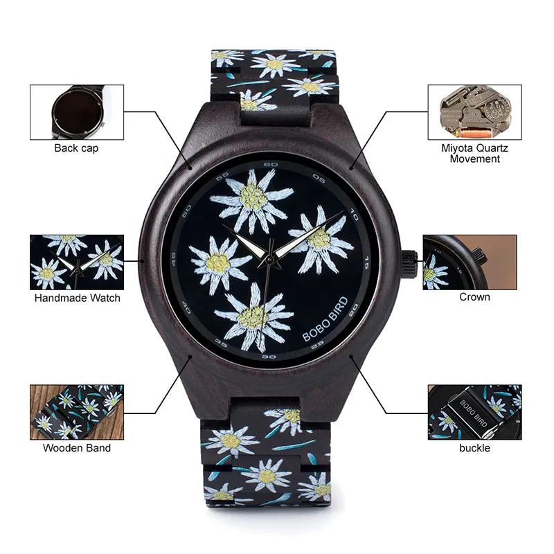 Fashion Colorful Flower Print Wood Watch For Women in Wood Gift Case- Daisy,Red Flower