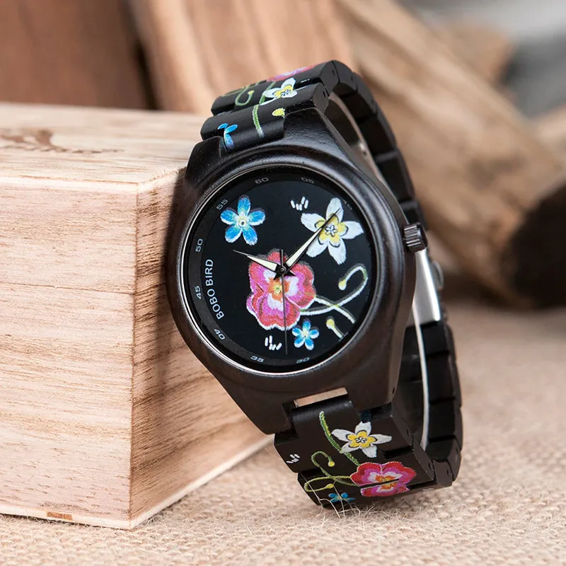 Fashion Colorful Flower Print Wood Watch For Women in Wood Gift Case- Daisy,Red Flower
