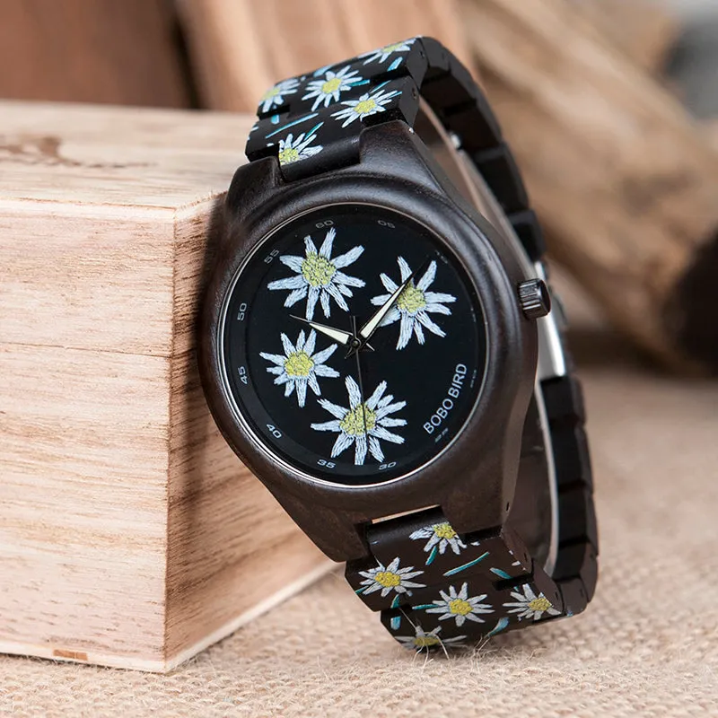 Fashion Colorful Flower Print Wood Watch For Women in Wood Gift Case- Daisy,Red Flower
