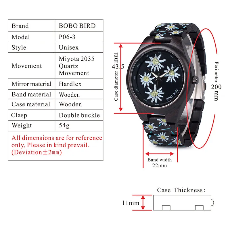 Fashion Colorful Flower Print Wood Watch For Women in Wood Gift Case- Daisy,Red Flower