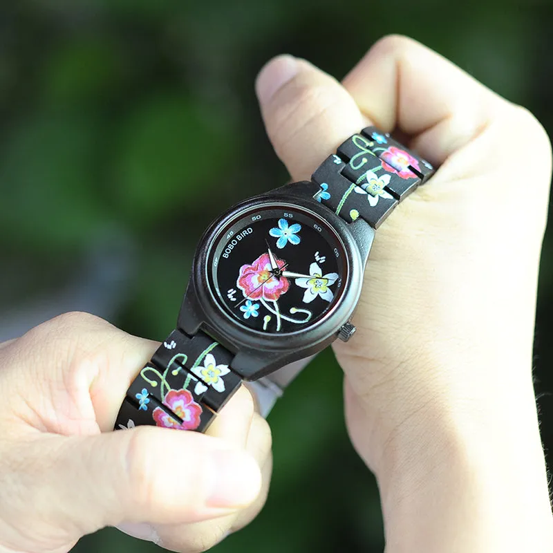 Fashion Colorful Flower Print Wood Watch For Women in Wood Gift Case- Daisy,Red Flower