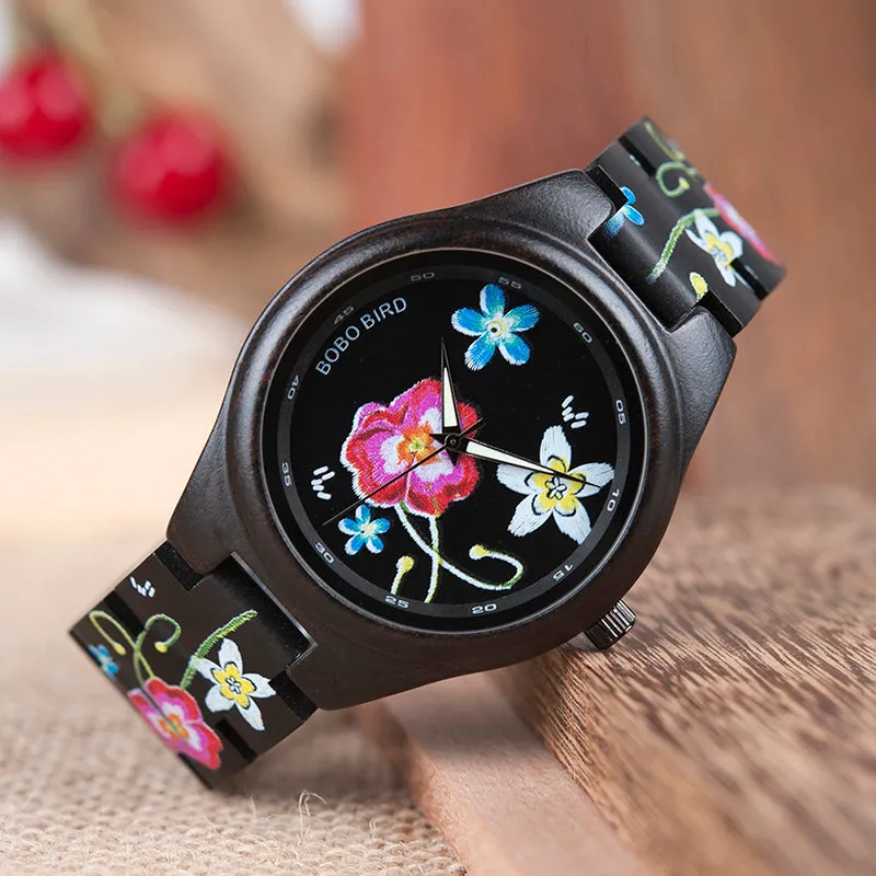 Fashion Colorful Flower Print Wood Watch For Women in Wood Gift Case- Daisy,Red Flower
