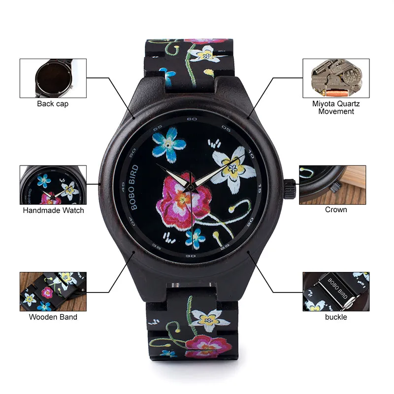 Fashion Colorful Flower Print Wood Watch For Women in Wood Gift Case- Daisy,Red Flower