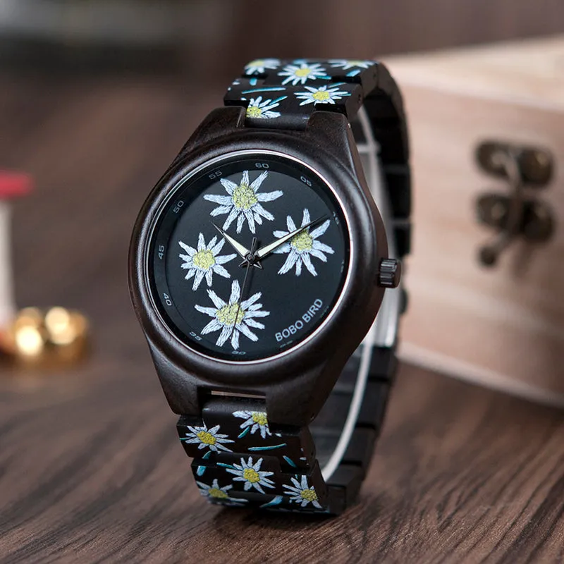Fashion Colorful Flower Print Wood Watch For Women in Wood Gift Case- Daisy,Red Flower