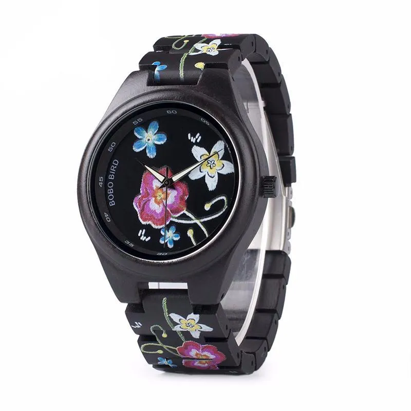 Fashion Colorful Flower Print Wood Watch For Women in Wood Gift Case- Daisy,Red Flower
