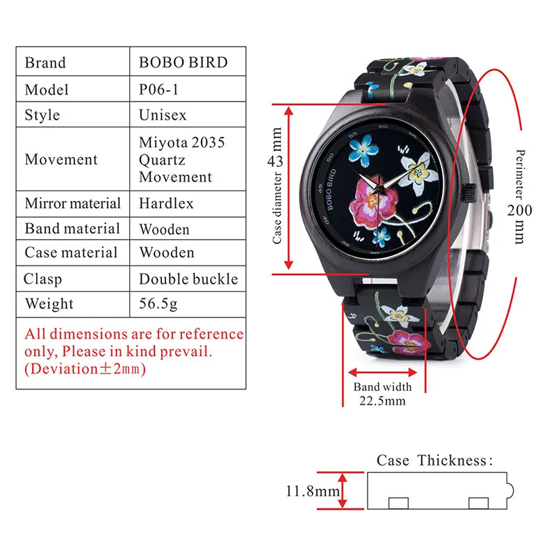 Fashion Colorful Flower Print Wood Watch For Women in Wood Gift Case- Daisy,Red Flower