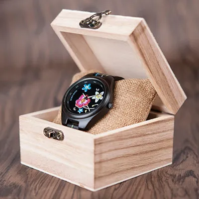 Fashion Colorful Flower Print Wood Watch For Women in Wood Gift Case- Daisy,Red Flower