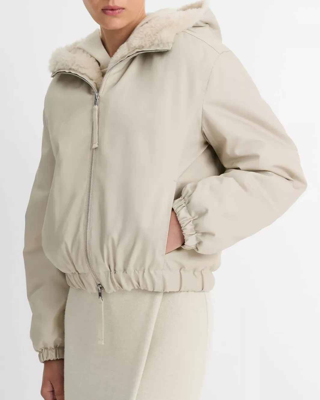 FAUX FUR LINED BOMBER JACKET IN CERAMIC