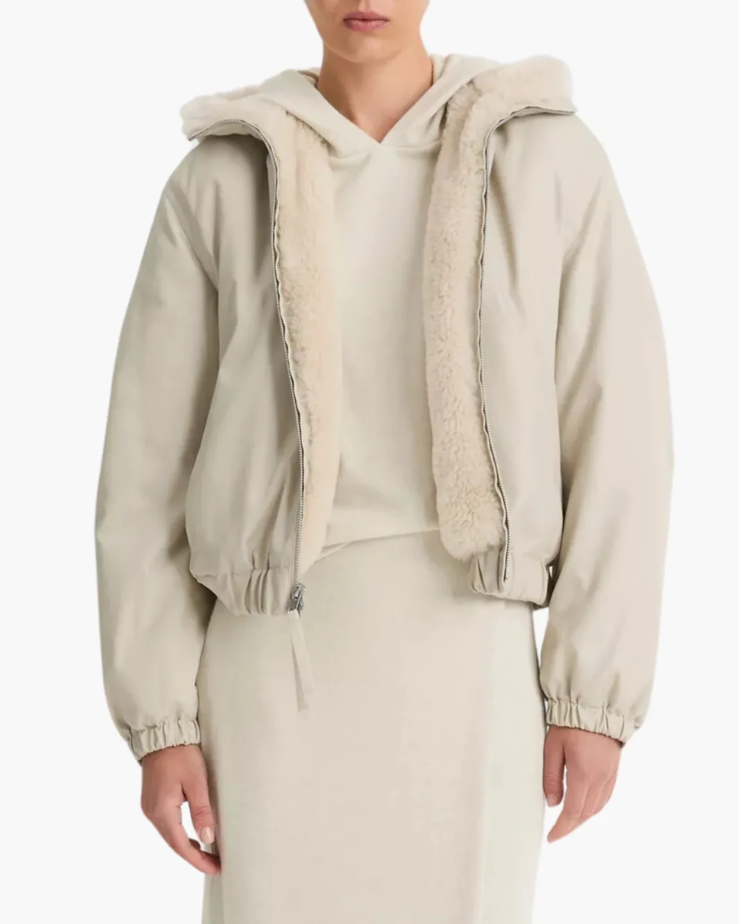 FAUX FUR LINED BOMBER JACKET IN CERAMIC
