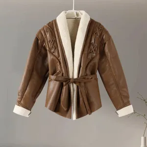Faux Fur PU Leather Women's Jacket - Street Vintage V-Neck Long Sleeve Belt Coat, Winter Thick Patchwork Chic Hem Outwear