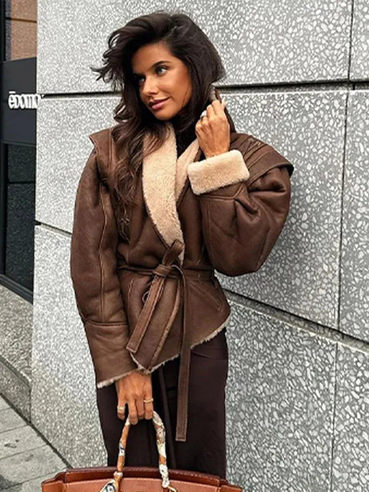 Faux Fur PU Leather Women's Jacket - Street Vintage V-Neck Long Sleeve Belt Coat, Winter Thick Patchwork Chic Hem Outwear
